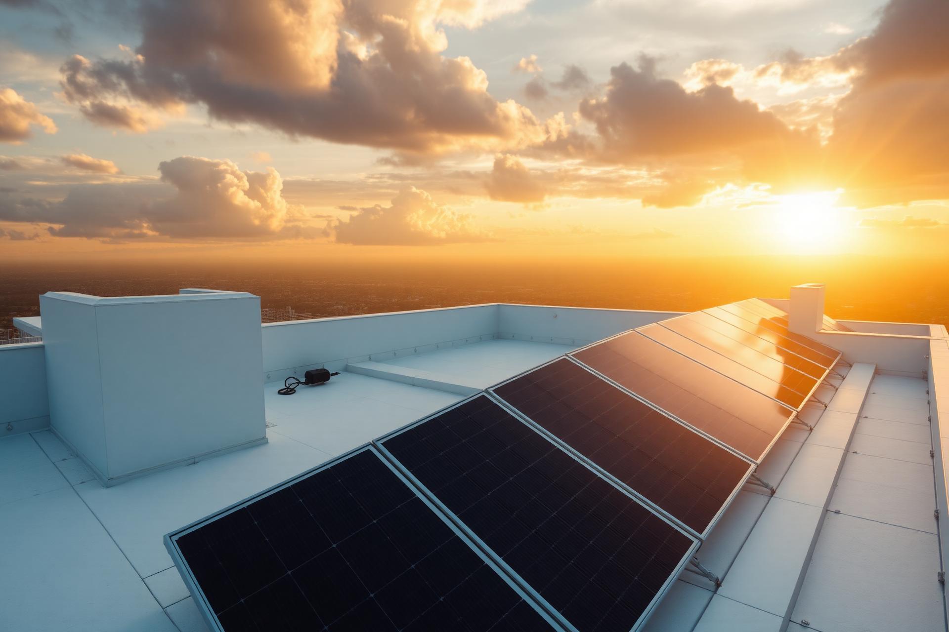 Painéis solares em telhado moderno ao pôr do sol